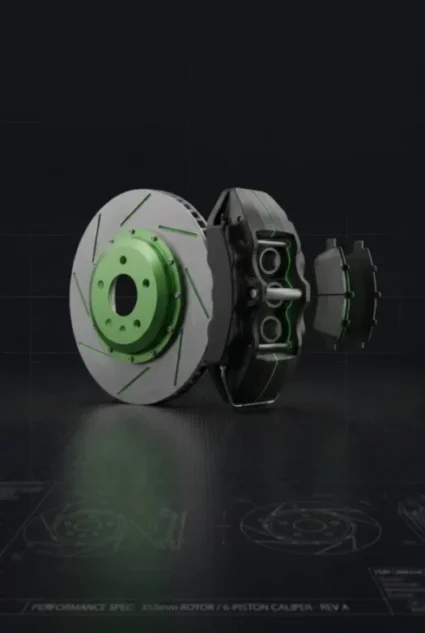 This image is a visual representation of an entire brake system, breaking it up into the Brake Caliper, Brake Pads and the Brake Discs.