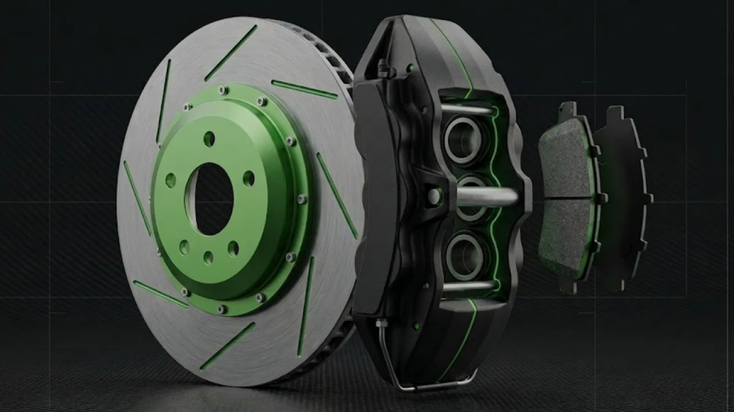 This image is a visual representation of an entire brake system, breaking it up into the Brake Caliper, Brake Pads and the Brake Discs.